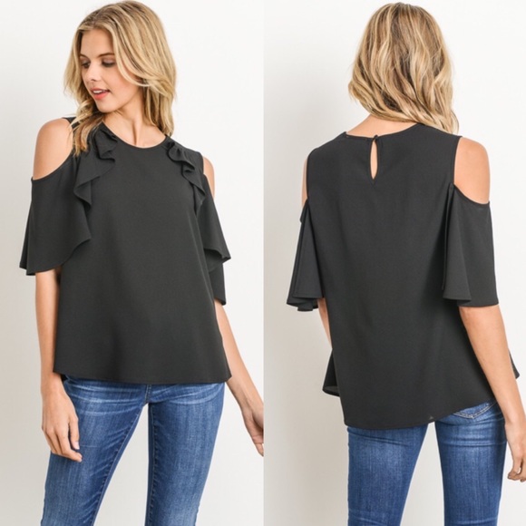 Gilli Tops - Gilli Black Ruffle Cold Shoulder Top
